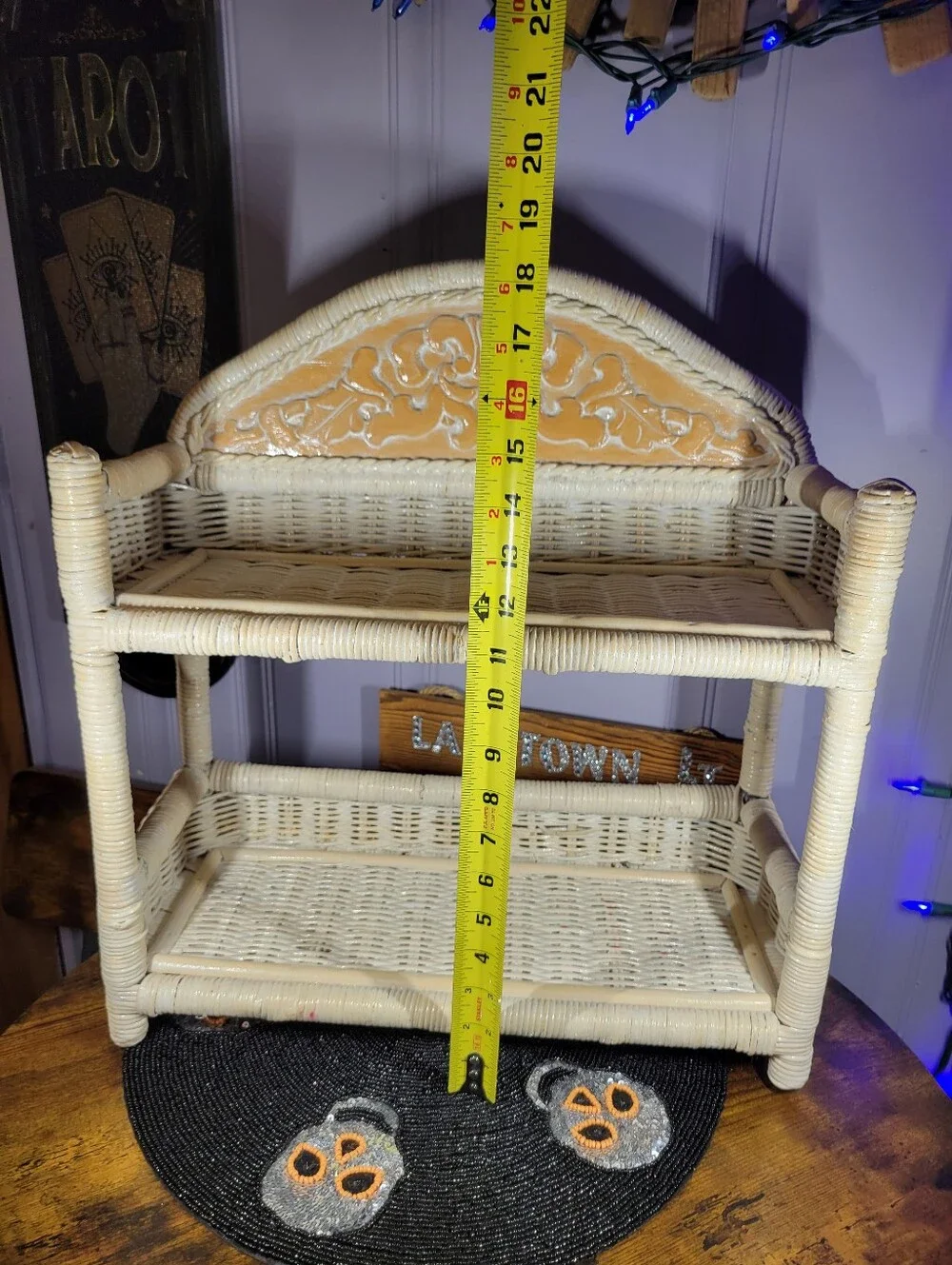 Pier 1 Cream Wicker Two-Tier Shelf with Carved Back